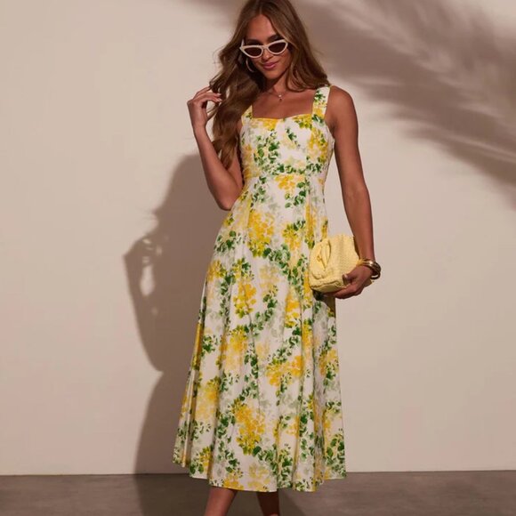 VICI Florenza Printed A-Line Midi Dress - White Multi / L - Picture 1 of 12